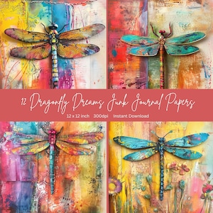 May include: Twelve digital papers featuring colourful abstract backgrounds with dragonfly illustrations. Each paper is 30.48 cm by 30.48 cm and 300 dpi. The papers are for instant download.