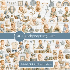 Könnte beinhalten: Eine Sammlung von über 140 Babyjungen-Motiven zum Ausschneiden mit Illustrationen von Säuglingen, Teddybären, Holzspielzeug, Heißluftballons, Segelbooten und Kinderzimmerdeko auf weißem Holzgrund, inklusive A4 und 8,5 x 11 Zoll Größenangaben.