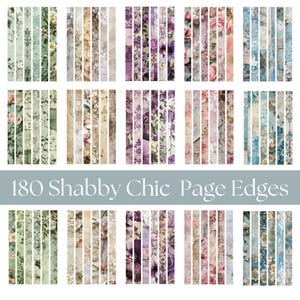 Könnte beinhalten: Eine Sammlung von 180 Shabby Chic-Seitenrändern mit verschiedenen floralen Mustern und Farben. Die Ränder zeigen Designs mit Rosen, Blättern und Vintage-Elementen. Die Farbpalette umfasst Grün-, Lila-, Rosa- und Beigetöne.
