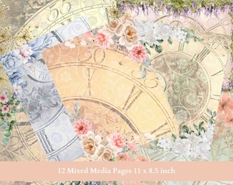 12 clock mixed media backgrounds 11 x 8.5 inches for junk journals, scrapbooks and mixed media