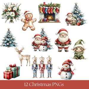 Könnte beinhalten: Aquarell-Clip-Art-Set zum Thema Weihnachten. Enthält Bilder von Weihnachtsmann, Schneemann, Lebkuchenmann, Weihnachtsbaum, Rentier, Kamin, Nussknackern und Geschenkboxen. Der Text "12 Christmas PNGs" befindet sich unten.