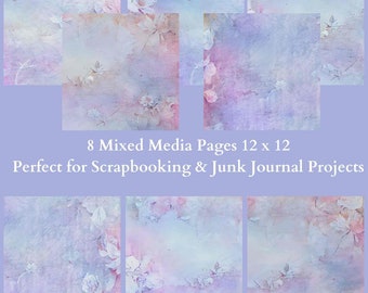 8 mixed media backgrounds 12 x 12 inches for junk journals, scrapbooks and mixed media