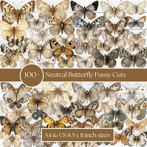 100+ Neutrale Schmetterling Fussy Schnitte, Vintage Schmetterling Ephemera, Junk Journal Printables, A4 & US Letter Schmetterling Ausschnitte
