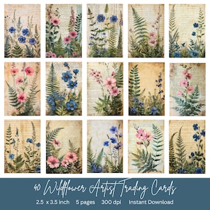 40 carte collezionabili Wildflower Artist / Download immediato / Carte ATC / Perfette per pagine di diario spazzatura / 2,5 x 3,5 pollici