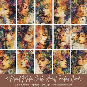 40 Mixed Media Girls Digital Artist Trading Cards | Instant Download | ATC Cards | Perfect for junk journal pages | 2.5 x 3.5 inches