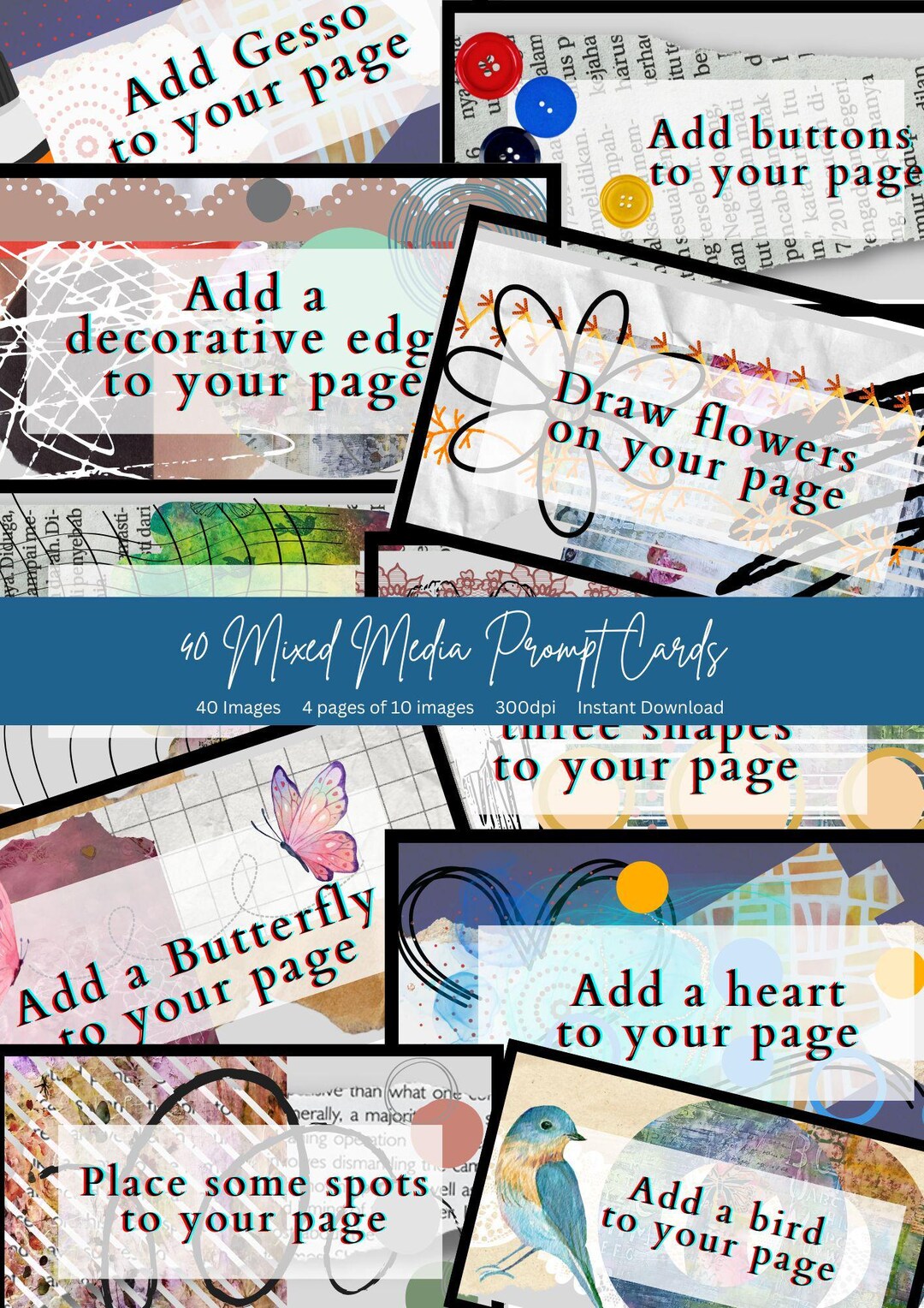 Mixed Media Prompt Cards- 40 Cards, A4, Art Journaling Inspiration for ...