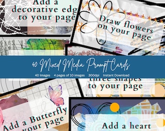 Mixed Media Prompt Cards- 40 cards, A4, Art Journaling inspiration for scrapbooking, junk journals and other craft projects