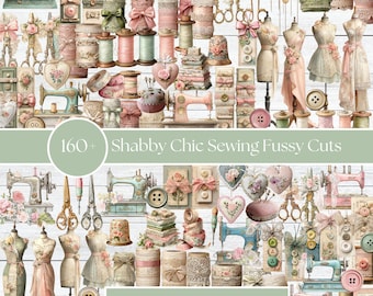 Más de 160 cortes de costura shabby chic, efímeras de costura vintage, clipart de costura para diarios basura, maniquíes imprimibles para máquina de coser, A4 y 8,5 x 11