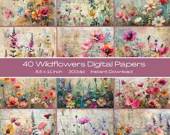 Papel de diario basura de 8,5 x 11 pulgadas, papel para álbumes de recortes, papeles digitales para álbumes de recortes, kits para diario basura, diario basura con flores silvestres