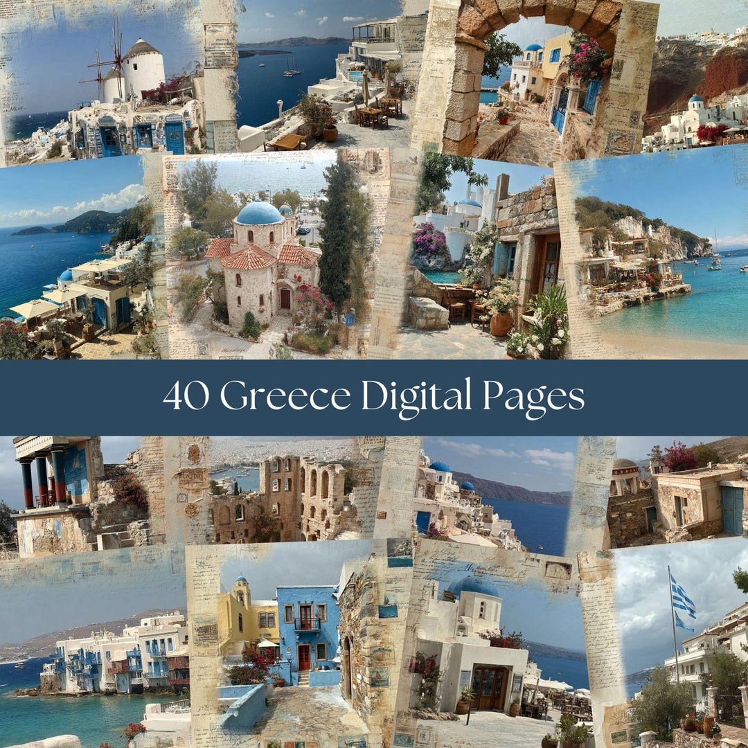 Greece Junk Journal Kit, 40 Page Travel Scrapbook Set (12x12 Digital ...