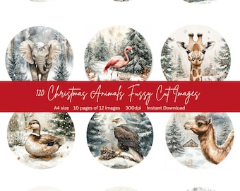 A4 FUSSY CUTTING | 120 Pieces | Watercolour Christmas Animals | Fussy Cutting Images | 10 pages x 12 images per page | Use on tags, cards