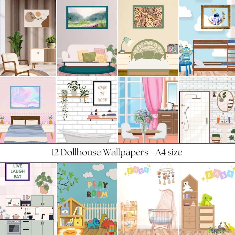 A4 Dollhouse Wallpaper (SET 3)- 12 Designs | Room Specific | Digital ...
