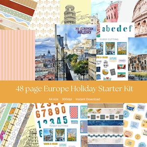DIN A4 | Going to Europa? Probieren Sie unser BULK PAPER KIT | 48 Seiten |All in One Kit |Junk Journal Seiten |Wählerisches Schneiden |Karten +mehr-Sofortiger Download