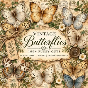Plus de 100 découpes de papillons neutres, éphémères de papillons vintage, imprimables pour junk journal, découpes de papillons A4 et US Letter