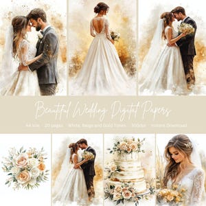 Carte da matrimonio / Toni del bianco, beige e oro / Formato A4 / Carte per scrapbooking acquerellabili / 20 fogli / Bellissime pagine da sposa / pagine speciali