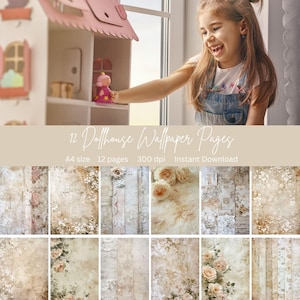 12 Puppenhaus Tapeten Designs | A4 Größe | Shabby Chic Creme | Digitaler Download | Drucken Sie zu Hause | Perfekt zum Dekorieren von Puppenhauszimmern