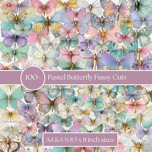 May include: A collage of pastel-colored butterfly cutouts in various sizes and designs. The butterflies are in shades of pink, blue, purple, and green. Text reads "100+ Pastel Butterfly Fussy Cuts" and "A4 & US 8.5 x 11 inch sizes".