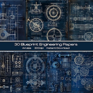 May include: A collection of 30 dark blue engineering blueprint papers featuring technical drawings of mechanical gears, circular components, and industrial machinery parts with white lines and text, labeled 30 Blueprint Engineering Papers.
