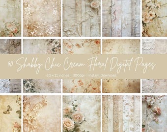 Papel de diario basura de 8,5 x 11 pulgadas, papel para álbumes de recortes, papeles digitales para álbumes de recortes, kits para diario basura, diario basura color crema, estilo shabby chic.