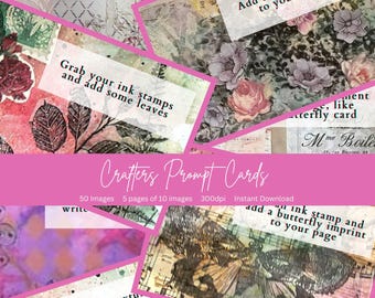 Craft Prompt Cards- Scrapbook Ephemera, Junk Journal Prompts, Collage Cards, A4 size -50 Prompt Cards. Digital Download print at home.