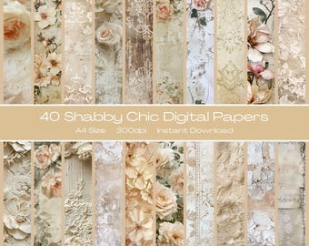 Papel de diario basura A4, papel para álbumes de recortes, papeles digitales para diario basura, kits para álbumes de recortes, diario basura con diseño floral shabby chic color crema.