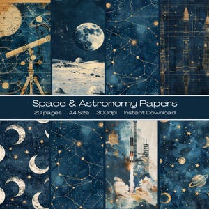 May include: A collection of space and astronomy-themed papers. The papers feature illustrations of planets, constellations, rockets, and telescopes in shades of blue, gold, and white. The text "Space & Astronomy Papers" is displayed prominently.