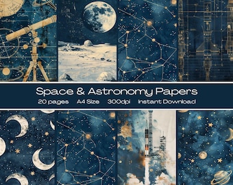 Papeles digitales A4 sobre espacio y astronomía – Paquete de fondos celestes / 20 hojas imprimibles para diario creativo