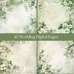 May include: Four digital wedding pages with a soft, watercolor background. Each page features floral arrangements of white flowers and green leaves. The text "40 Wedding Digital Pages" is displayed in a green banner.