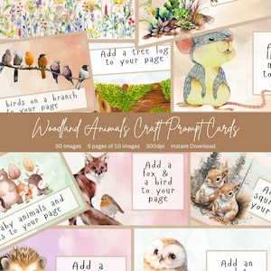 May include: A set of 10 printable craft prompt cards featuring woodland animals. The cards are designed to inspire creativity and encourage children to create their own woodland scenes. Each card features a different animal, such as a fox, owl, hedgehog, squirrel, and birds. The cards are perfect for use in the classroom, at home, or for parties.