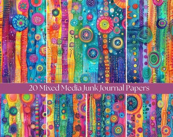 Papel Junk Journal A4 con técnica mixta, kit de scrapbooking colorido (descarga digital)