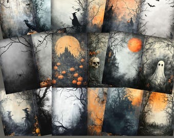 12 Halloween Junk Journal Papers | Spooky Vintage Halloween Printable | Witch Ghost Pumpkin & Haunted House Paper | US Letter 8.5 x 11