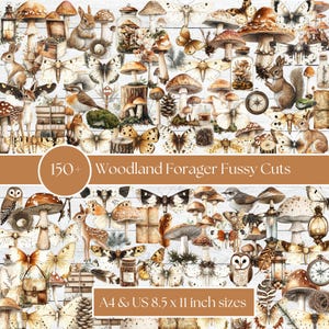 May include: A collage of woodland-themed illustrations featuring mushrooms, butterflies, squirrels, and other forest elements. The text reads "150+ Woodland Forager Fussy Cuts" and "A4 & US 8.5 x 11 inch sizes". The color palette includes browns, tans, and creams.