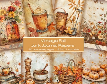 May include: A collection of vintage-style fall-themed junk journal papers. The papers feature watercolor illustrations of pumpkins, fall leaves, flowers, and a mug of coffee. The text on the image reads "Vintage Fall Junk Journal Papers 30 printable pages 8.5 x 11 inch size."