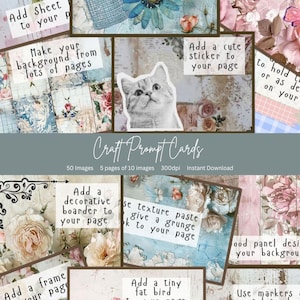 May include: A set of 10 digital craft prompt cards with a vintage aesthetic. The cards feature a variety of images and text, including flowers, a cat, a bird, and a decorative border. The text on the cards suggests different ways to embellish a craft project.