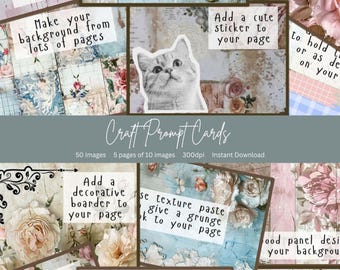 Craft Prompt Cards- Scrapbook Ephemera, Junk Journal Prompts, Collage Cards, A4 size -50 Prompt Cards. Digital Download print at home.