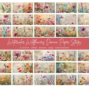 1 x 2 inch Dominos | 35 Watercolor Wildflower domino images | Scrapbooking, mixed media, junk journal, magnets, glass/resin jewellery