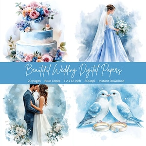Carte per matrimonio / Toni blu / 12 x 12 pollici / Carte per scrapbooking acquerellate / 20 carte / Bellissime pagine da sposa / caratteristiche