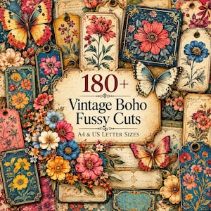 Op de afbeelding: Een verzameling van meer dan 180 papieren uitknipsels in vintage-stijl met bloemenillustraties, vlinders en decoratieve labels in blauw-, rood-, geel- en crèmetinten. De centrale tekst luidt 180+ Vintage Boho Fussy Cuts A4 & US Letter Sizes.