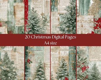 May include: A collage of 20 Christmas digital pages in A4 size. The design features a mix of vintage paper textures, evergreen trees, red poinsettias, and snowflakes. The color palette includes shades of green, red, and gold, creating a festive holiday theme.
