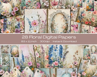 Papel de diario basura de 8,5 x 11 pulgadas, papel para álbumes de recortes, papeles digitales para álbumes de recortes, kits para diario basura, diario basura floral