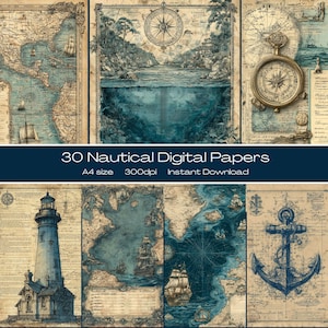 A4 Maritimes Junk Journal Papier | 30 Seiten | Vintage See- und Seekartenseiten | Kompass Journal Hintergrund | Printable Journal Kit