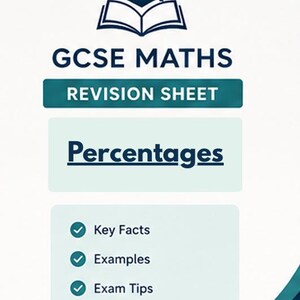 May include: A white educational revision sheet titled GCSE MATHS REVISION SHEET Percentages. The document features a dark blue graduation cap and open book icon, with a list of sections including Key Facts, Examples, and Exam Tips.