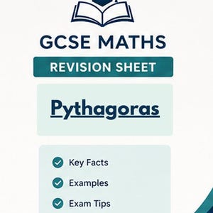 May include: A white GCSE Maths revision sheet with a dark blue graduation cap and open book icon at the top. The text reads GCSE MATHS REVISION SHEET, Pythagoras, and includes a list with checkmarks for Key Facts, Examples, and Exam Tips.
