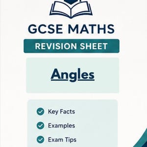 May include: A white GCSE Maths revision sheet with a dark blue graduation cap and open book icon at the top. The text reads GCSE MATHS, REVISION SHEET, and Angles. Below are three bullet points with checkmarks: Key Facts, Examples, and Exam Tips.