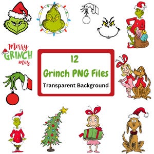 Julgrönt, menar-karaktärsuppsättning PNG, Grinc PNG-filer, högtidsklippbilder, direktnedladdning, 300 DPI, transparent bakgrund
