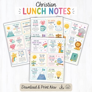 Può includere: Tre fogli di biglietti cristiani stampabili per il pranzo con illustrazioni colorate di montagne, cuori, animali e lampadine. Ogni biglietto contiene messaggi religiosi edificanti e riferimenti biblici. Il testo recita Christian Lunch Notes e Download & Print Now.