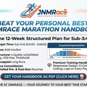 Peut inclure: Le manuel de marathon JNMRace présente un plan structuré de 12 semaines pour un marathon en moins de 3h45. Il comprend des temps cibles, une allure de base de 5:00 min/km, 4 séances de qualité par semaine, des sorties longues et des routines.