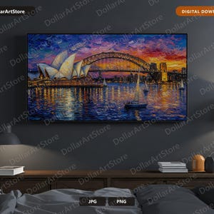 May include: A rectangular wall art print featuring an oil painting of the Sydney Opera House and Harbour Bridge at sunset. The scene displays vibrant orange, purple, and blue hues reflecting on the water with sailboats in the foreground.