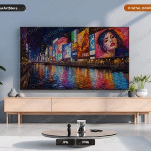 Peut inclure: Une impression d'art numérique affichée sur un écran de télévision, représentant un paysage urbain nocturne impressionniste vibrant avec des panneaux publicitaires illuminés, un portrait et des reflets lumineux colorés sur une rivière.
