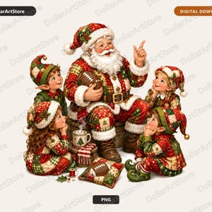 Op de afbeelding: Een digitale illustratie van de Kerstman zittend op een houten kist, een football vasthoudend en naar boven wijzend, omringd door vier elfen in rood en groen patchwork kleding. Een mok cacao en een kussen met football-patroon liggen op de grond.